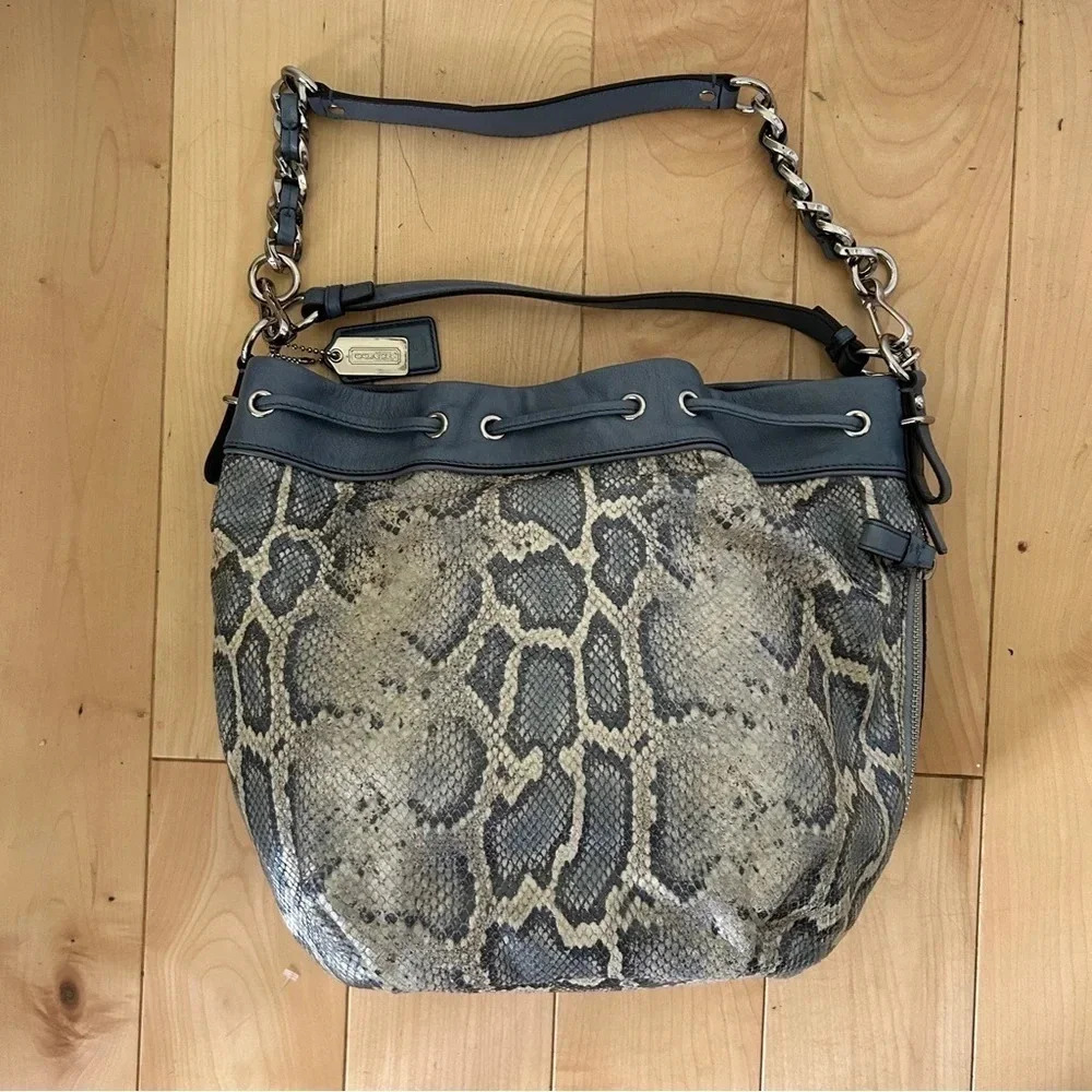Coach Madison Marielle Python Snakeskin Blue Drawstring Shoulder Bucket Bag - Picture 2 of 14